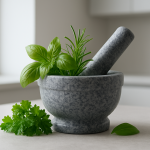 A stone mortar and pestle filled with fresh herbs like basil and rosemary on a kitchen countertop.