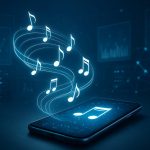 A smartphone displaying a music note with digital sound waves flowing from it against a dark, tech-inspired background.