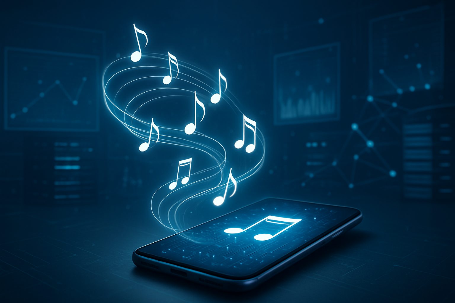 A smartphone displaying a music note with digital sound waves flowing from it against a dark, tech-inspired background.