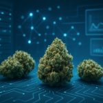 Three cannabis buds set against a digital background with circuit patterns and graphs